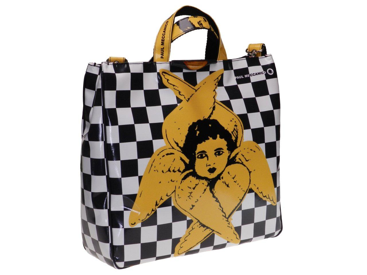 MAXI TOTE BAG DEDICATED TO SARNANO WHITE, BLACK AND YELLOW COLOURS WITH "ANGELO DEL SERAFINO". AIRSTONE MODEL MADE OF LORRY TARPAULIN. - Unique Pieces Paul Meccanico