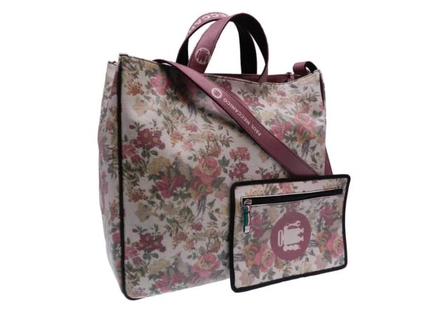 MAXI TOTE BAG ECRU COLOR FLORAL FANTASY. AIRSTONE MODEL MADE OF HAMMERED FAUX LEATHER. - Unique Pieces Paul Meccanico