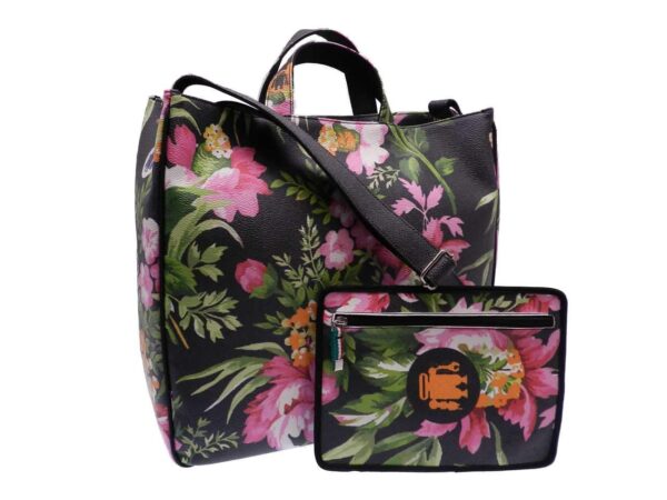 MAXI TOTE BAG FLORAL FANTASY BLACK COLOR. AIRSTONE MODEL MADE OF HAMMERED FAUX LEATHER. - Unique Pieces Paul Meccanico