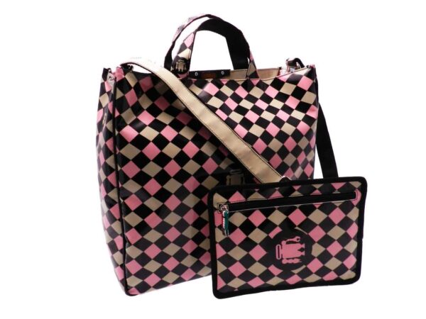 MAXI TOTE BAG GEOMETRIC FANTASY BLACK, PINK AND BEIGE COLOURS. AIRSTONE MODEL MADE OF LORRY TARPAULIN. - Unique Pieces Paul Meccanico