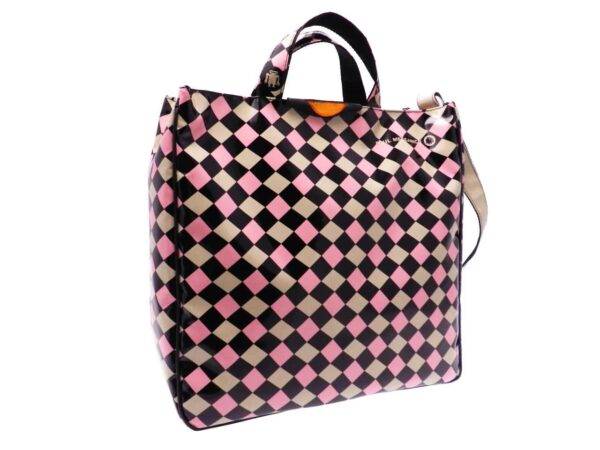 MAXI TOTE BAG GEOMETRIC FANTASY BLACK, PINK AND BEIGE COLOURS. AIRSTONE MODEL MADE OF LORRY TARPAULIN. - Unique Pieces Paul Meccanico