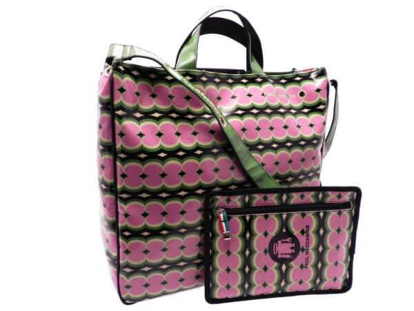 MAXI TOTE BAG GREEN AND PINK COLOURS WITH GEOMETRIC FANTASY. AIRSTONE MODEL MADE OF LORRY TARPAULIN. - Unique Pieces Paul Meccanico