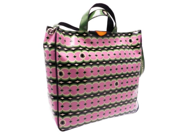 MAXI TOTE BAG GREEN AND PINK COLOURS WITH GEOMETRIC FANTASY. AIRSTONE MODEL MADE OF LORRY TARPAULIN. - Unique Pieces Paul Meccanico