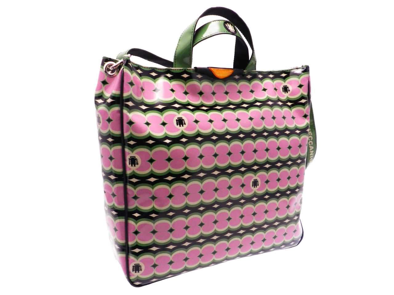 MAXI TOTE BAG GREEN AND PINK COLOURS WITH GEOMETRIC FANTASY. AIRSTONE MODEL MADE OF LORRY TARPAULIN. - Unique Pieces Paul Meccanico