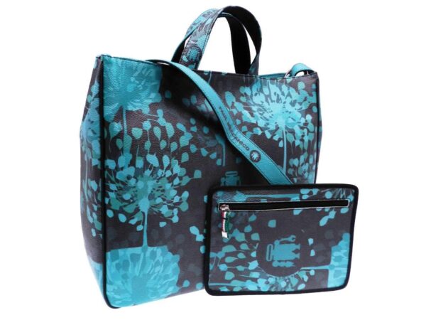 MAXI TOTE BAG MADE OF HAMMERED FAUX LEATHER. AIRSTONE MODEL BLACK AND ACQUAMARINE COLOURS WITH ARTISTIC PRINT. - Unique Pieces Paul Meccanico