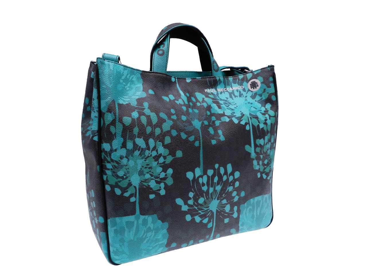MAXI TOTE BAG MADE OF HAMMERED FAUX LEATHER. AIRSTONE MODEL BLACK AND ACQUAMARINE COLOURS WITH ARTISTIC PRINT. - Unique Pieces Paul Meccanico