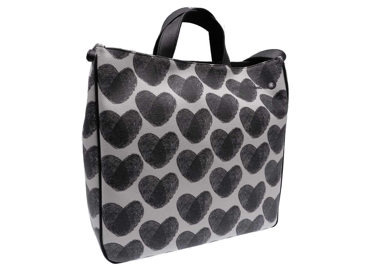 MAXI TOTE BAG MADE OF HAMMERED FAUXE LEATHER HEARTS FANTASY. AIRSTONE MODEL BLACK AND WHITE COLOURS. - Unique Pieces Paul Meccanico