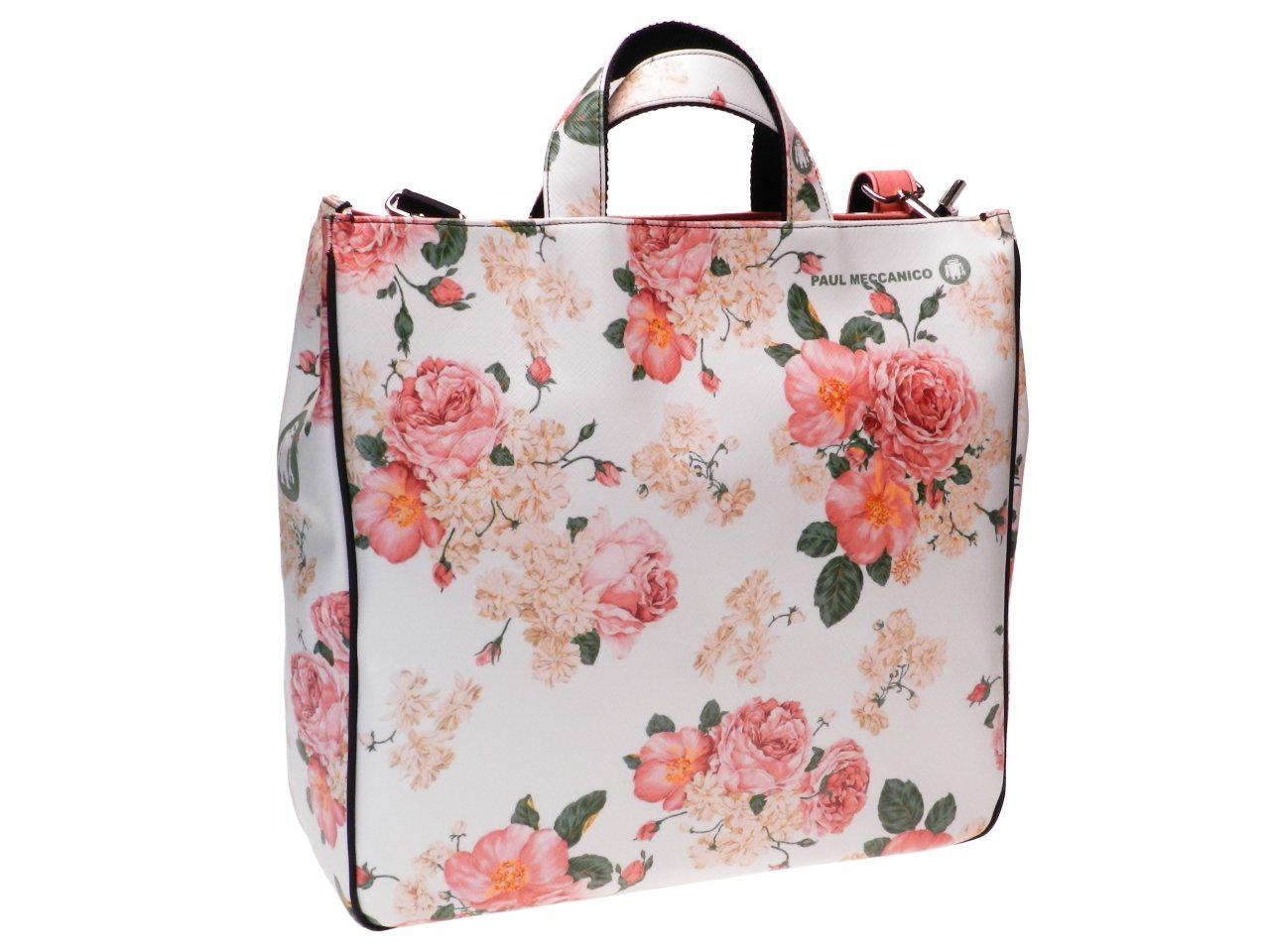 MAXI TOTE BAG OFF WHITE AND PINK COLOUR FLORAL FANTASY. AIRSTONE MODEL MADE OF SOFT SYNTHETIC LEATHER. - Unique Pieces Paul Meccanico