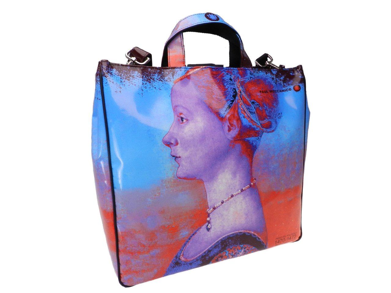 MAXI TOTE BAG STYLE WITH PAINTING "RITRATTO DI GIOVANE DONNA" OF THE ARTIST "PIERO DEL POLLAIOLO". AIRSTONE MODEL MADE OF LORRY TARPAULIN. - Unique Pieces Paul Meccanico