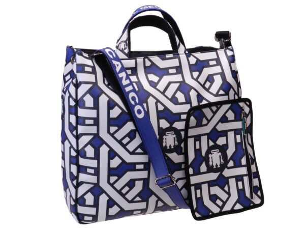 MAXI TOTE BAG WHITE AND BLUE COLOURS GEOMETRIC FANTASY. AIRSTONE MODEL MADE OF CRUELTY FREE LEATHER. - Unique Pieces Paul Meccanico