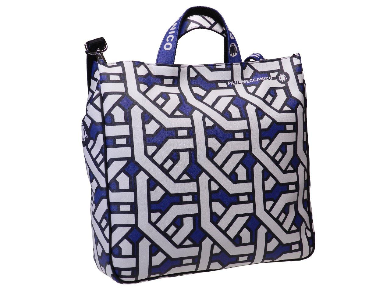 MAXI TOTE BAG WHITE AND BLUE COLOURS GEOMETRIC FANTASY. AIRSTONE MODEL MADE OF CRUELTY FREE LEATHER. - Unique Pieces Paul Meccanico
