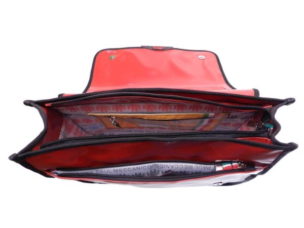 MESSENGER BAG RED, WHITE AND BLACK COLOURS. SPOT MODEL MADE OF LORRY TARPAULIN. - Limited Edition Paul Meccanico