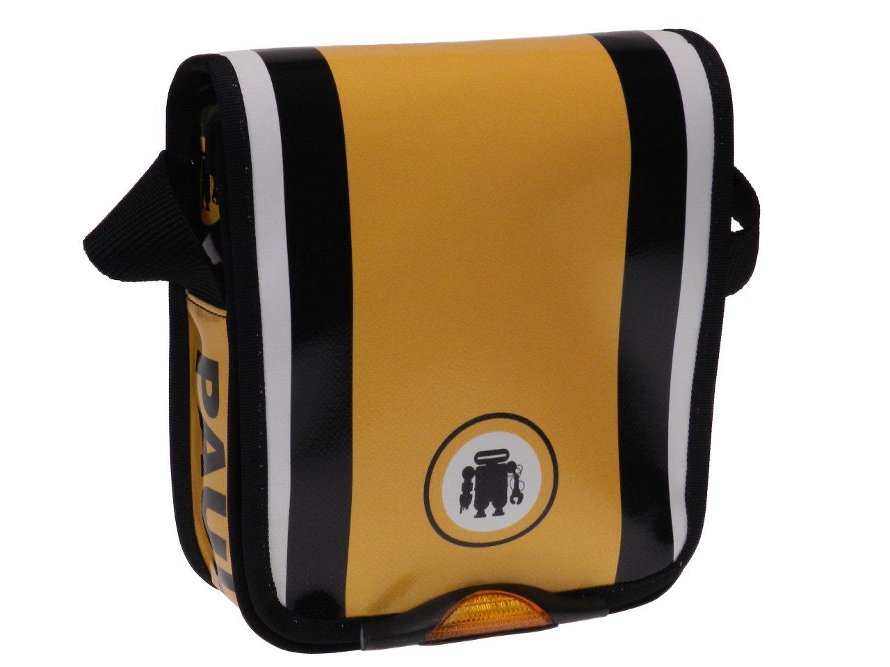 ORGANIZER SHOLDER BAG YELLOW COLOUR WITH BLACK & WHITE STRIPES. MIPOK MODEL MADE OF LORRY TARPAULIN. - Unique Pieces Paul Meccanico