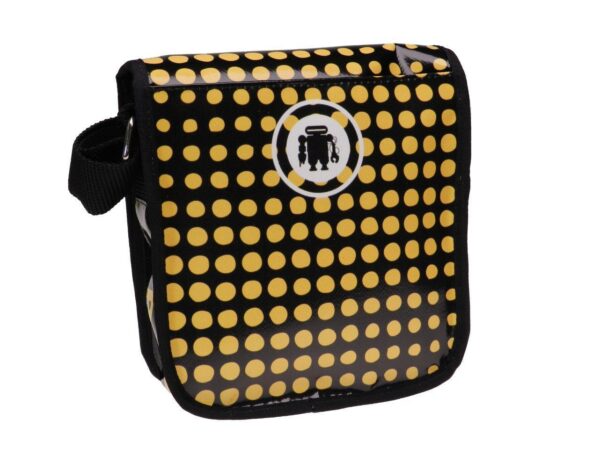 ORGANIZER SHOULDER BAG BLACK AND YELLOW COLOURS WIHT "POIS". MODEL MIPOK MADE OF LORRY TARPAULIN. - Unique Pieces Paul Meccanico