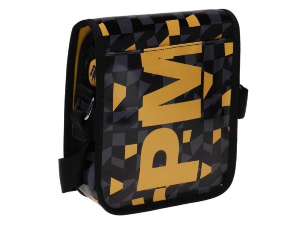 ORGANIZER SHOULDER BAG BLACK, GREY AND YELLOW COLOURS GEOMETRIC FANTASY. MIPOK MODEL MADE OF LORRY TARPAULIN. - Unique Pieces Paul Meccanico