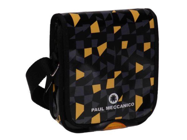 ORGANIZER SHOULDER BAG BLACK, GREY AND YELLOW COLOURS GEOMETRIC FANTASY. MIPOK MODEL MADE OF LORRY TARPAULIN. - Unique Pieces Paul Meccanico