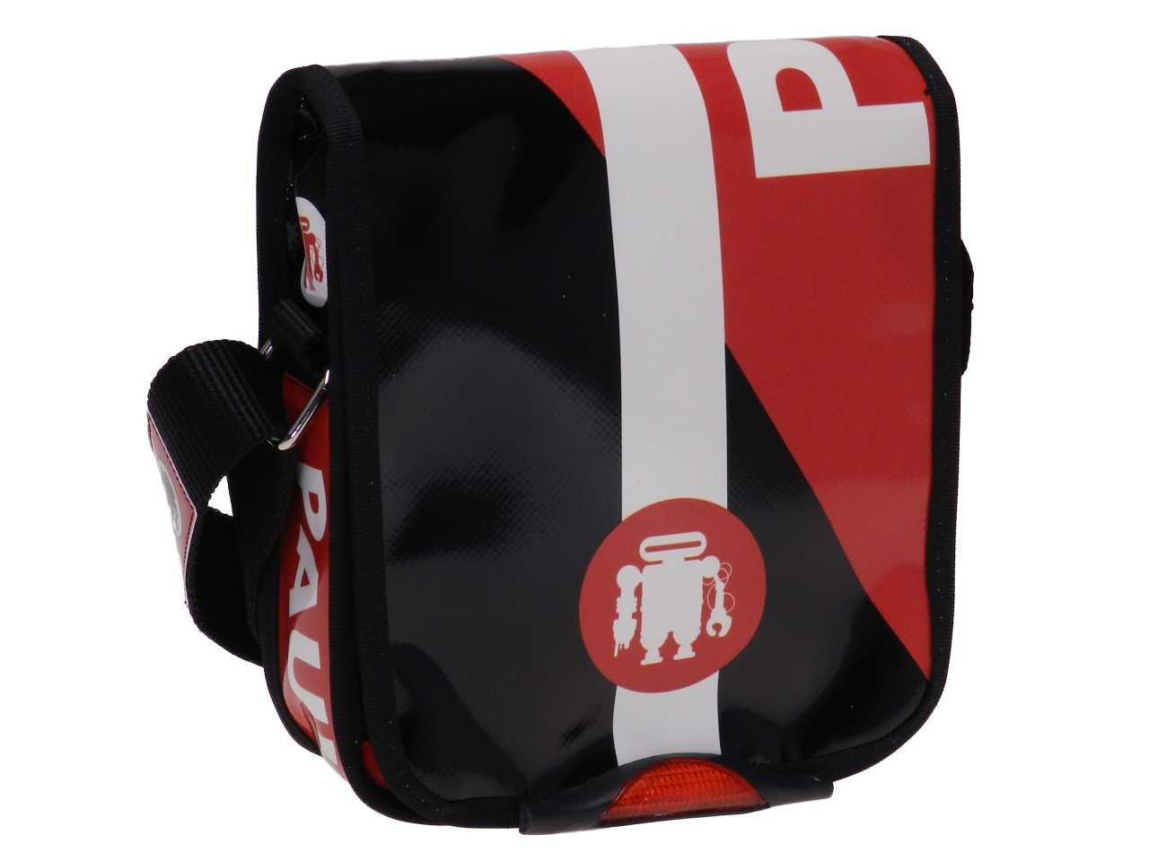 ORGANIZER SHOULDER BAG BLACK, WHITE AND RED COLOURS. MIPOK MODEL MADE OF LORRY TARPAULIN. - Unique Pieces Paul Meccanico