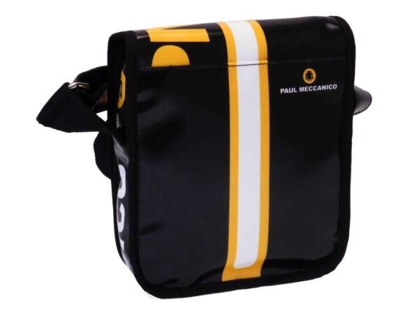 ORGANIZER SHOULDER BAG BLACK, WHITE AND YELLOW COLOURS. MIPOK MODEL MADE OF LORRY TARPAULIN. - Unique Pieces Paul Meccanico