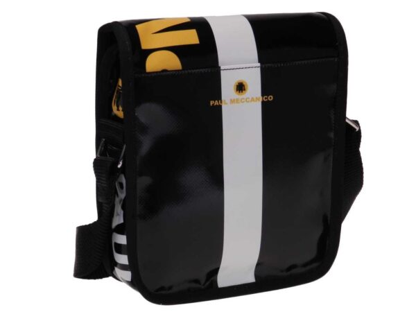 ORGANIZER SHOULDER BAG BLACK, WHITE AND YELLOW COLOURS. MIPOK MODEL MADE OF LORRY TARPAULIN. - Unique Pieces Paul Meccanico