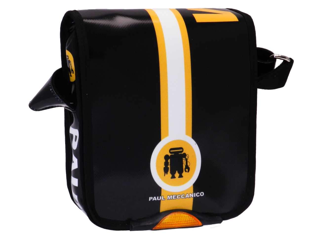 ORGANIZER SHOULDER BAG BLACK, WHITE AND YELLOW COLOURS. MIPOK MODEL MADE OF LORRY TARPAULIN. - Unique Pieces Paul Meccanico