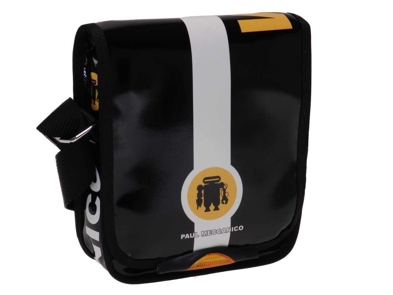 ORGANIZER SHOULDER BAG BLACK, WHITE AND YELLOW COLOURS. MIPOK MODEL MADE OF LORRY TARPAULIN. - Unique Pieces Paul Meccanico