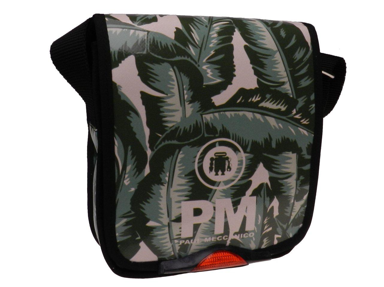 ORGANIZER SHOULDER BAG GREEN AND OFF WHITE COLOURS WITH PALM FANTASY. MODEL MIPOK MADE OF LORRY TARPAULIN. - Unique Pieces Paul Meccanico