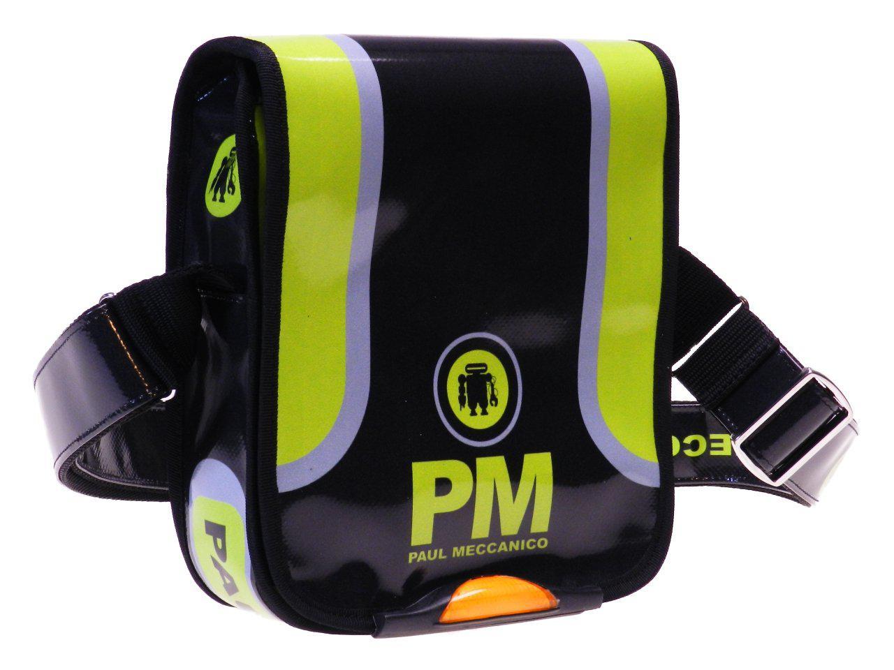 ORGANIZER SHOULDER BAG MADE OF LORRY TARPAULIN BLACK AND FLUORESCENT GREEN. MIPOK MODEL BY PAUL MECCANICO. - Unique Pieces Paul Meccanico