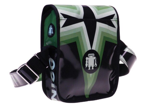 ORGANIZER SHOULDER BAG MADE OF LORRY TARPAULIN GREEN, WHITE AND BLACK COLOURS. MIPOK MODEL BY PAUL MECCANICO. - Unique Pieces Paul Meccanico