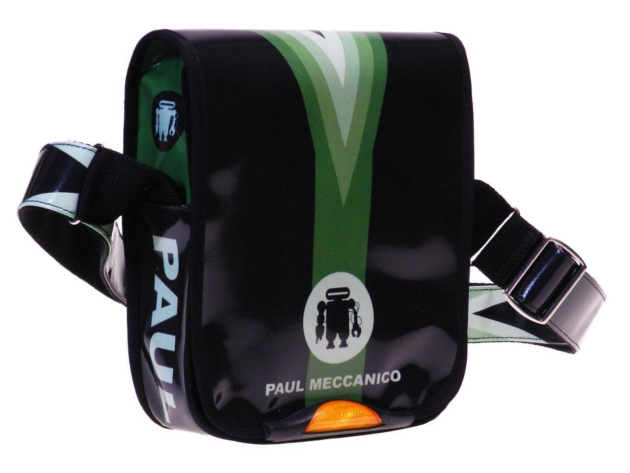 ORGANIZER SHOULDER BAG MADE OF LORRY TARPAULIN GREEN, WHITE AND BLACK COLOURS. MIPOK MODEL BY PAUL MECCANICO. - Unique Pieces Paul Meccanico