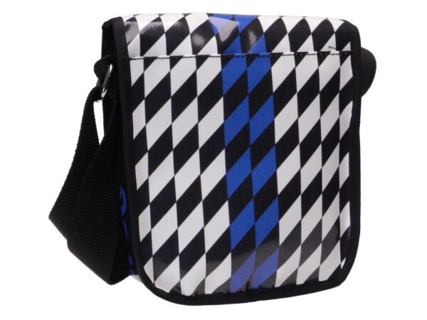 ORGANIZER SHOULDER BAG WHITE, BLACK AND LIGHT BLUE COLOURS GEOMETRIC FANTASY. MODEL MIPOK MADE OF LORRY TARPAULIN. - Unique Pieces Paul Meccanico