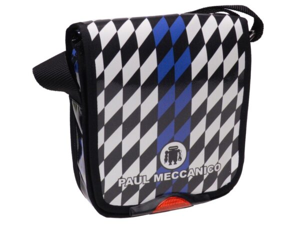 ORGANIZER SHOULDER BAG WHITE, BLACK AND LIGHT BLUE COLOURS GEOMETRIC FANTASY. MODEL MIPOK MADE OF LORRY TARPAULIN. - Unique Pieces Paul Meccanico