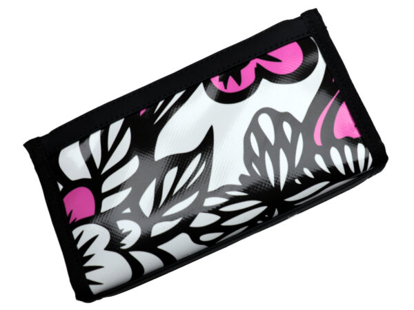 LARGE WOMEN'S WALLET PINK, WHITE AND BLACK FLORAL FANTASY. MODEL PIT MADE OF LORRY TARPAULIN. - Limited Edition Paul Meccanico