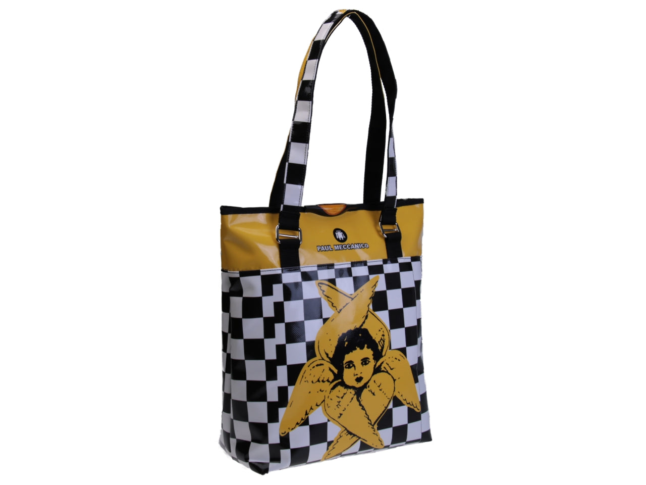 MAXI SHOPPER BAG YELLOW, WHITE AND BLACK WITH SARNANO'S "ANGEL SERAFINO". MODEL SELZ MADE OF LORRY TARPAULIN. - Limited Edition Paul Meccanico