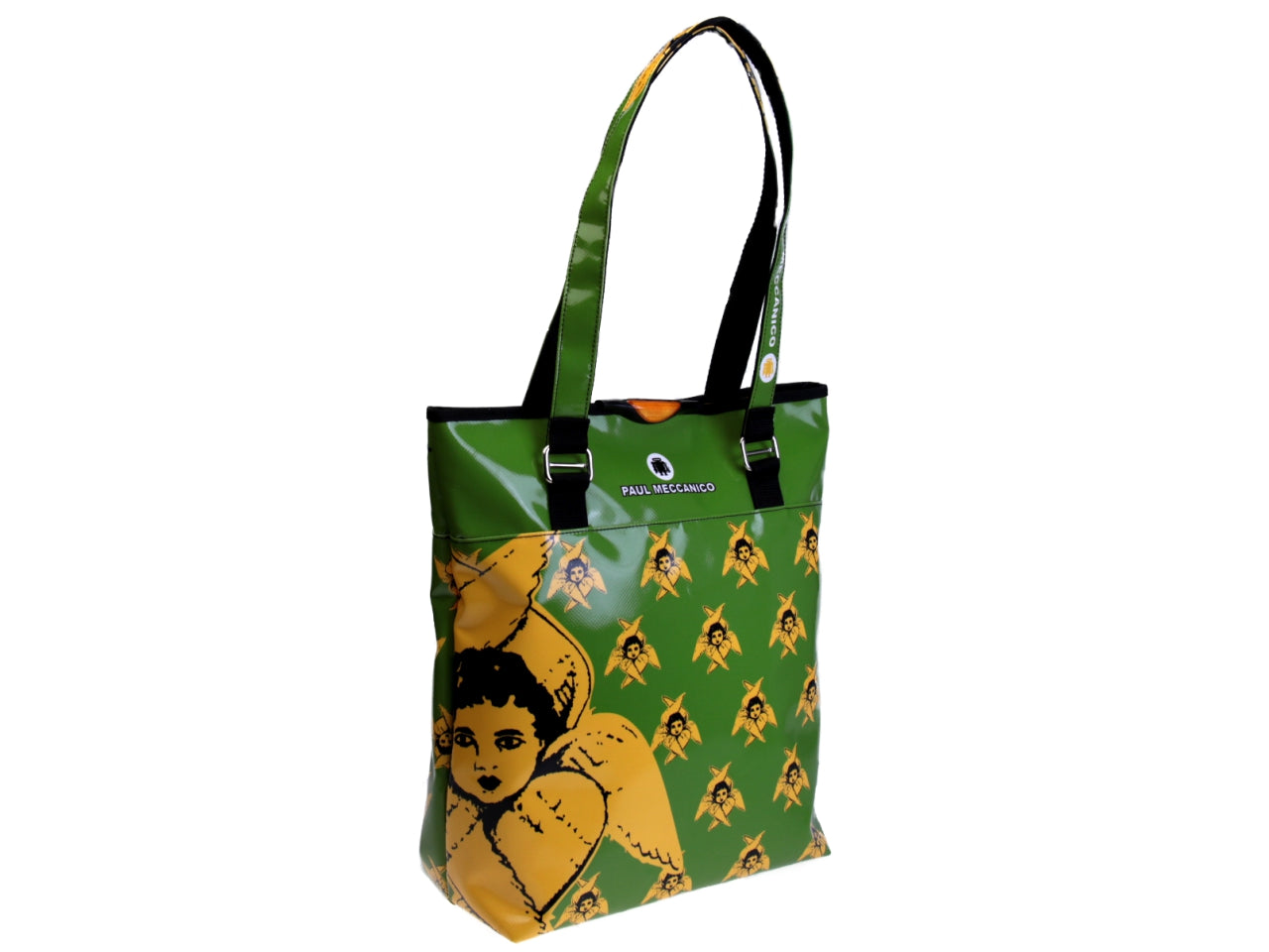 MAXI SHOPPER BAG GREEN AND YELLOW WITH SARNANO'S ANGEL SERAFINO. MODEL SELZ MADE OF LORRY TARPAULIN. - Limited Edition Paul Meccanico