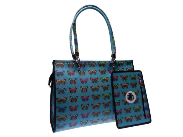 SHOPPER BAG ACQUAMARINE COLOR MADE OF HAMMERED FAUX LEATHER. PEPE MODEL WITH RELEASE BUTTERFLIES. - Unique Pieces Paul Meccanico