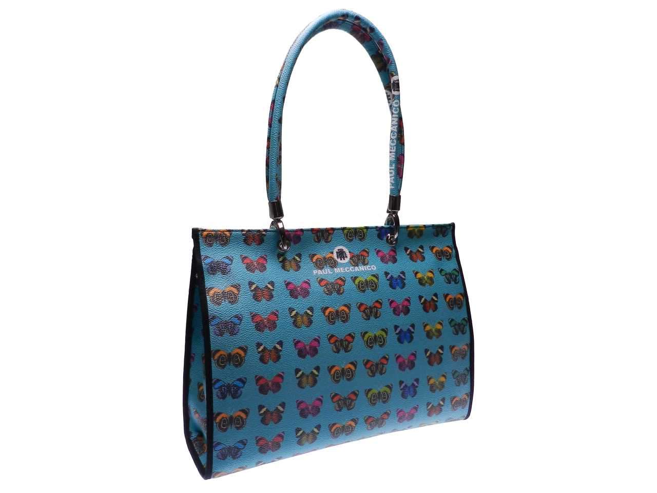 SHOPPER BAG ACQUAMARINE COLOR MADE OF HAMMERED FAUX LEATHER. PEPE MODEL WITH RELEASE BUTTERFLIES. - Unique Pieces Paul Meccanico