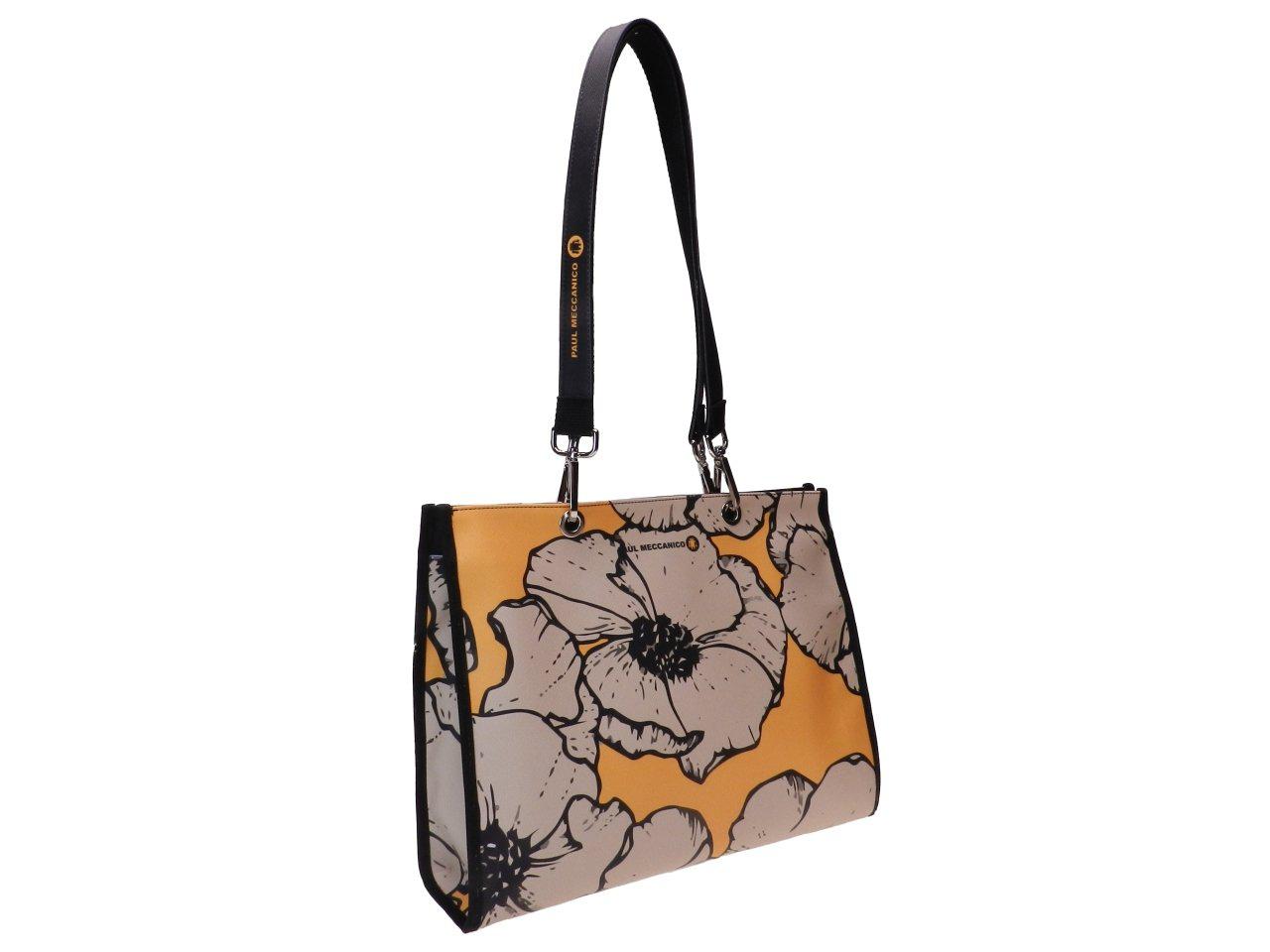 SHOPPER BAG BEIGE AND YELLOW COLOURS FLORAL FANTASY. PEPE MODEL MADE OF SOFT SYNTHETIC LEATHER. - Unique Pieces Paul Meccanico