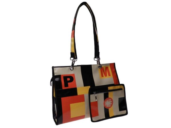 SHOPPER BAG BEIGE, ORANGE, YELLOW AND BLACK COLOURS GEOMETRIC FANTASY. PEPE MODEL MADE OF LORRY TARPAULIN. - Unique Pieces Paul Meccanico