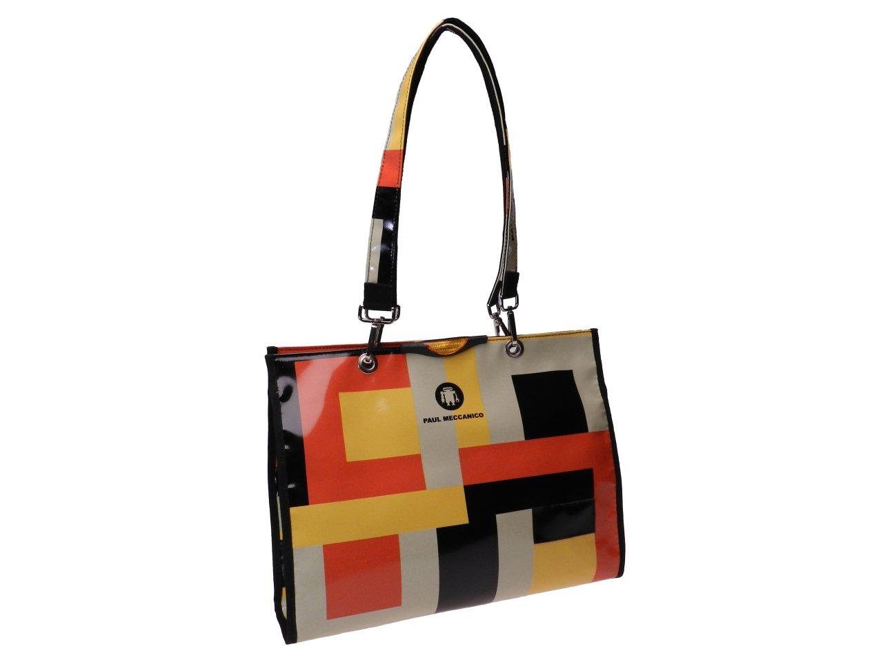 SHOPPER BAG BEIGE, ORANGE, YELLOW AND BLACK COLOURS GEOMETRIC FANTASY. PEPE MODEL MADE OF LORRY TARPAULIN. - Unique Pieces Paul Meccanico