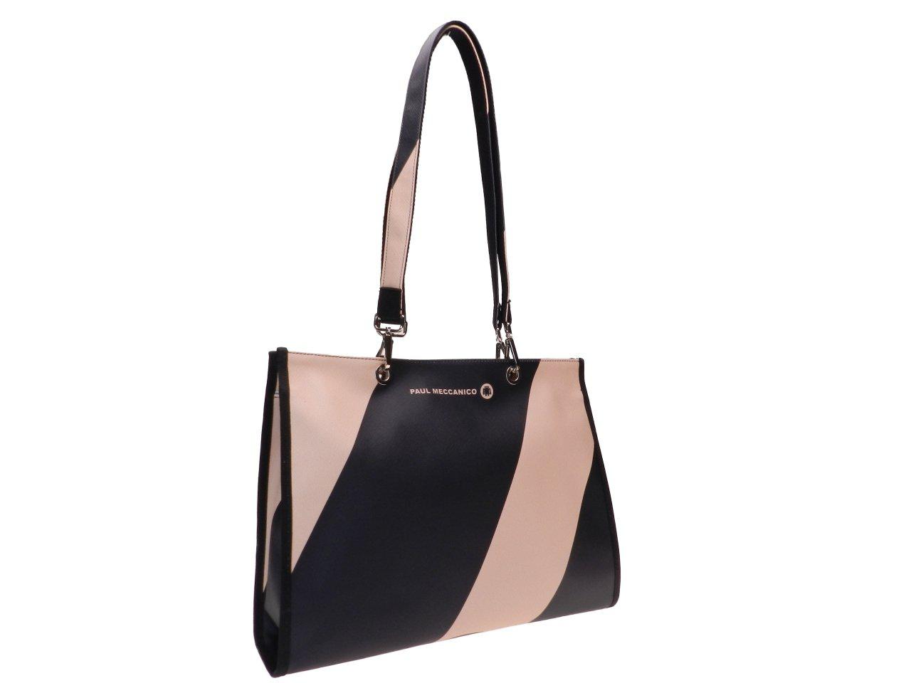 SHOPPER BAG BLACK AND BEIGE COLOURS LINES FANTASY. PEPE MODEL MADE OF SOFT SYNTHETIC LEATHER. - Unique Pieces Paul Meccanico