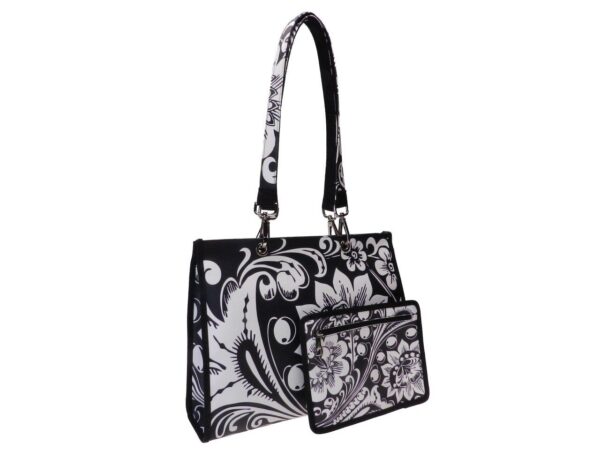 SHOPPER BAG BLACK AND WHITE COLOURS FLORAL FANTASY. PEPE MODEL MADE OF SOFT SYNTHETIC LEATHER. - Unique Pieces Paul Meccanico