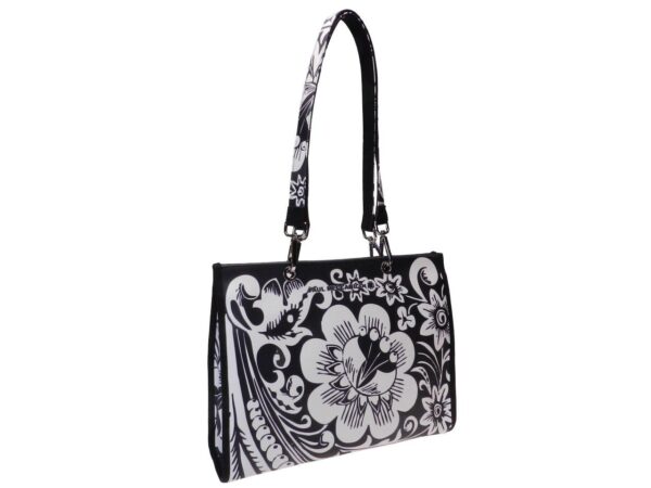 SHOPPER BAG BLACK AND WHITE COLOURS FLORAL FANTASY. PEPE MODEL MADE OF SOFT SYNTHETIC LEATHER. - Unique Pieces Paul Meccanico