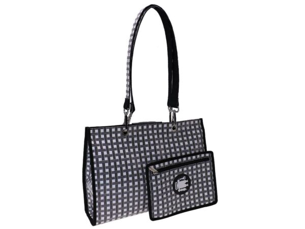 SHOPPER BAG BLACK AND WHITE COLOURS GEOMETRIC FANTASY. PEPE MODEL MADE OF LORRY TARPAULIN. - Unique Pieces Paul Meccanico