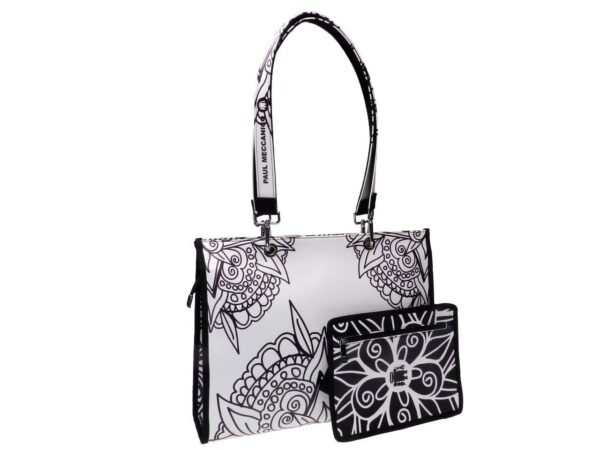 SHOPPER BAG BLACK AND WHITE FLORAL FANTASY. PEPE MODEL MADE OF SOFT SYNTHETIC LEATHER. - Unique Pieces Paul Meccanico