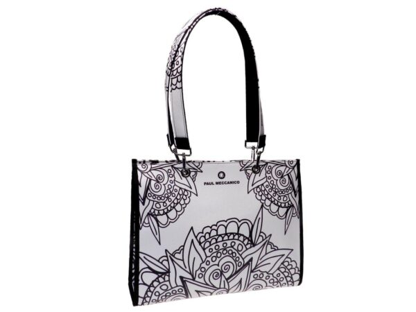 SHOPPER BAG BLACK AND WHITE FLORAL FANTASY. PEPE MODEL MADE OF SOFT SYNTHETIC LEATHER. - Unique Pieces Paul Meccanico