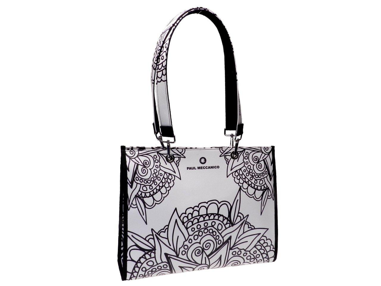 SHOPPER BAG BLACK AND WHITE FLORAL FANTASY. PEPE MODEL MADE OF SOFT SYNTHETIC LEATHER. - Unique Pieces Paul Meccanico