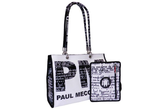 SHOPPER BAG BLACK AND WHITE LETTERING FANTASY. PEPE MODEL MADE OF LORRY TARPAULIN. - Unique Pieces Paul Meccanico