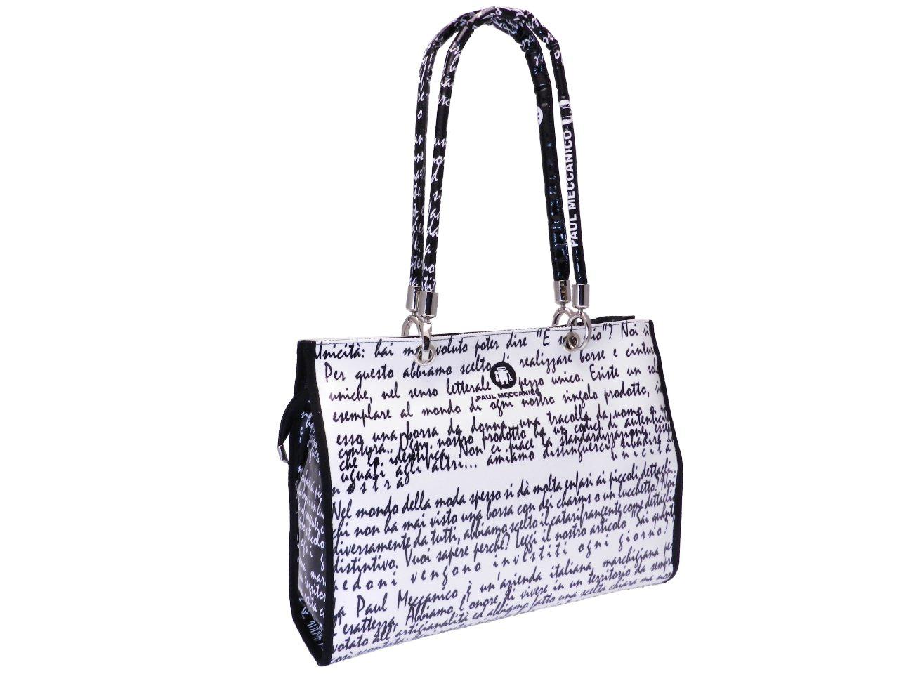 SHOPPER BAG BLACK AND WHITE LETTERING FANTASY. PEPE MODEL MADE OF LORRY TARPAULIN. - Unique Pieces Paul Meccanico