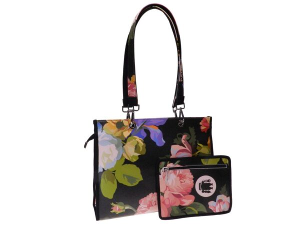 SHOPPER BAG BLACK COLOUR FLORAL FANTASY. PEPE MODEL MADE OF SOFT SYNTHETIC LEATHER. - Unique Pieces Paul Meccanico