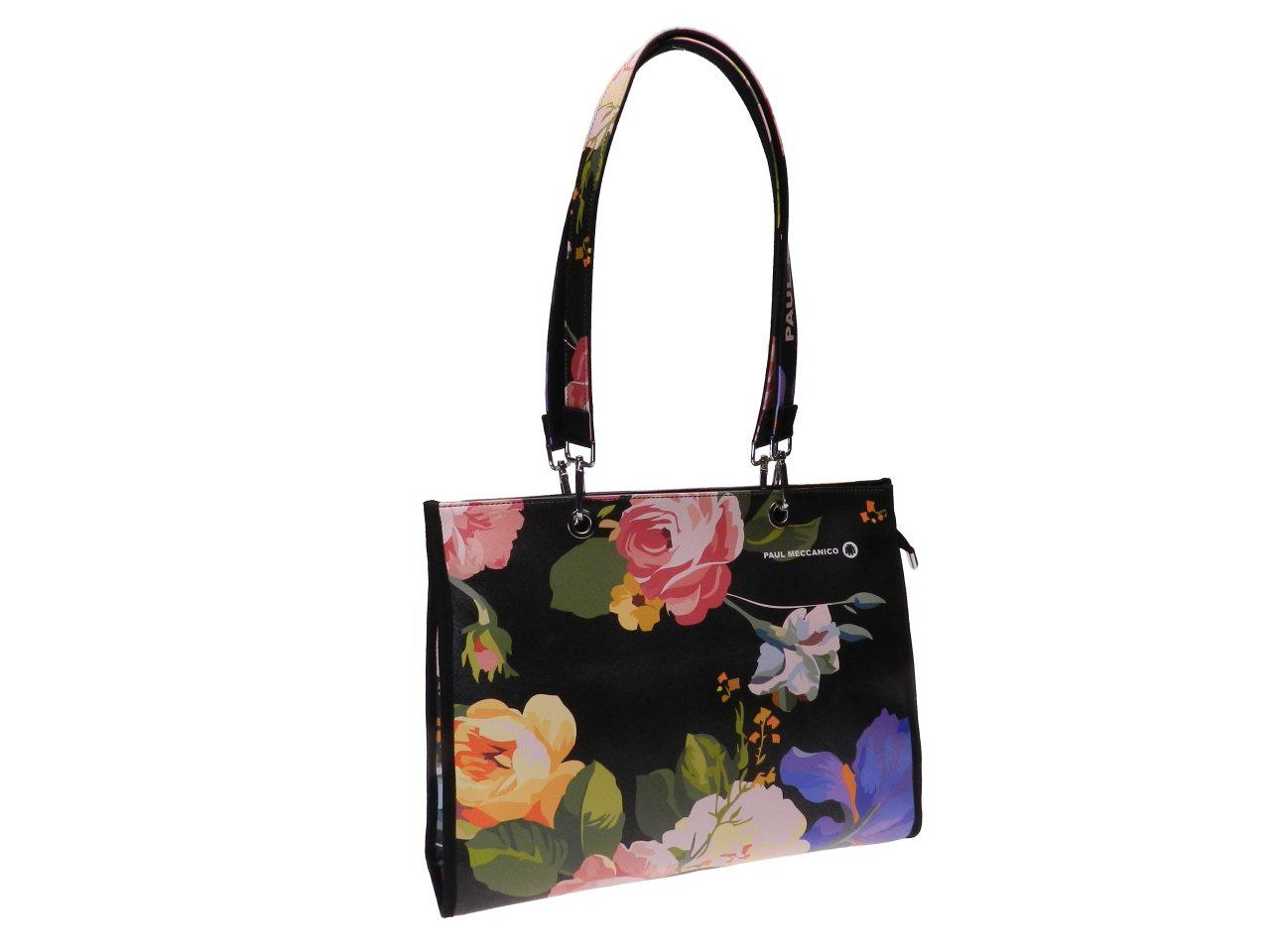 SHOPPER BAG BLACK COLOUR FLORAL FANTASY. PEPE MODEL MADE OF SOFT SYNTHETIC LEATHER. - Unique Pieces Paul Meccanico